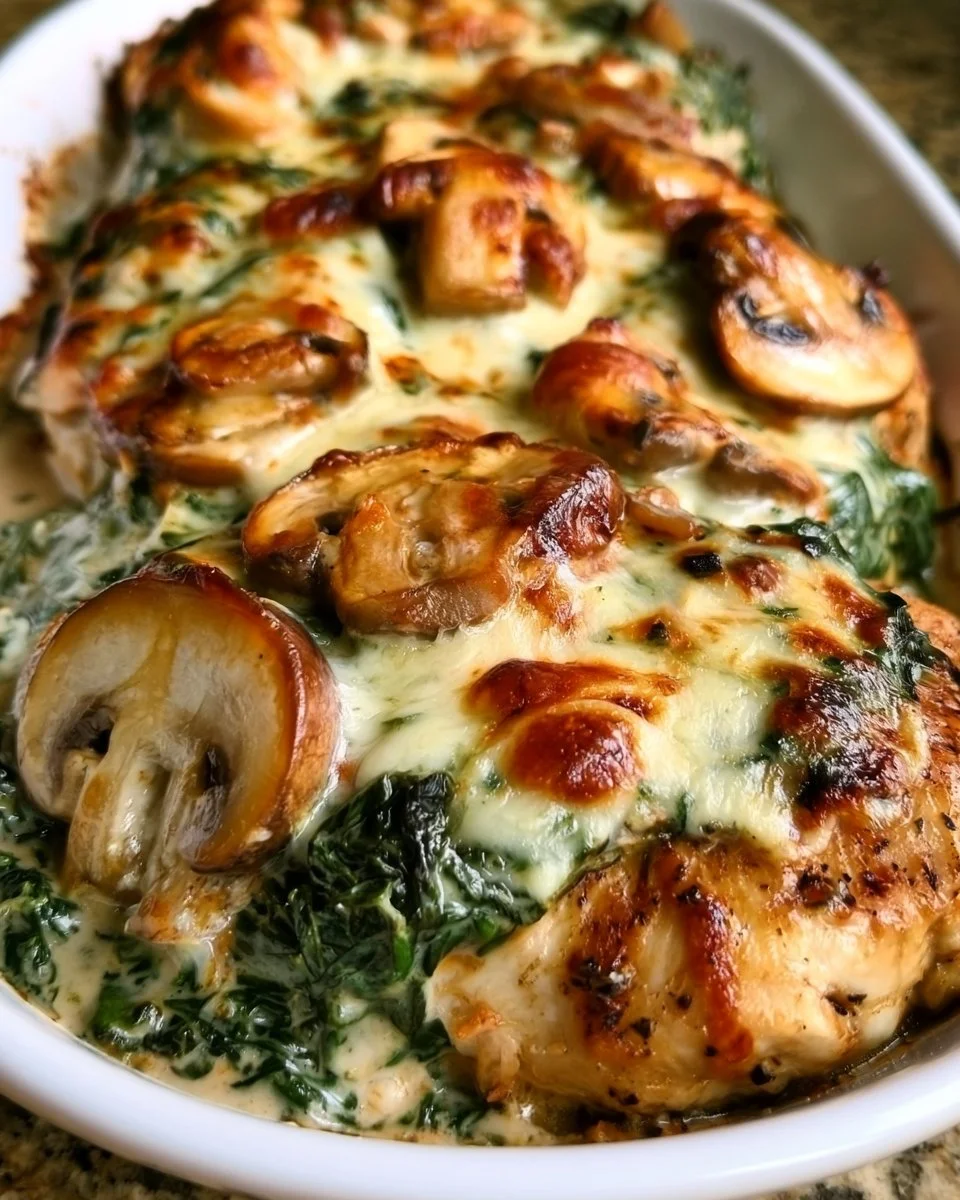Low-carb chicken spinach mushroom bake in a casserole dish