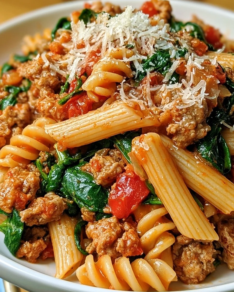 Easy one-pot pasta dish with ground turkey and spinach served in a bowl