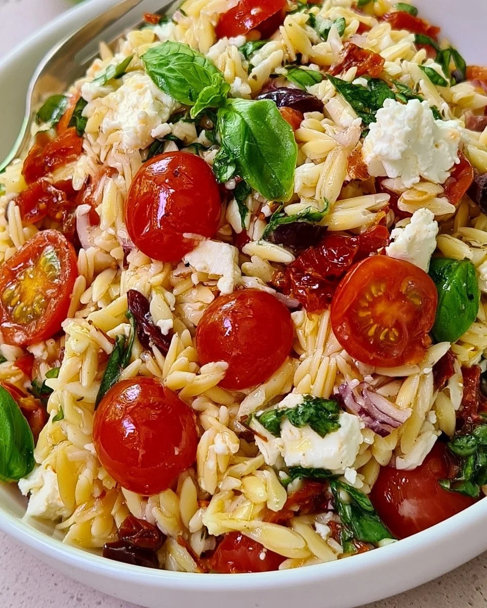 Easy orzo pasta salad with feta and sun-dried tomatoes in a bowl