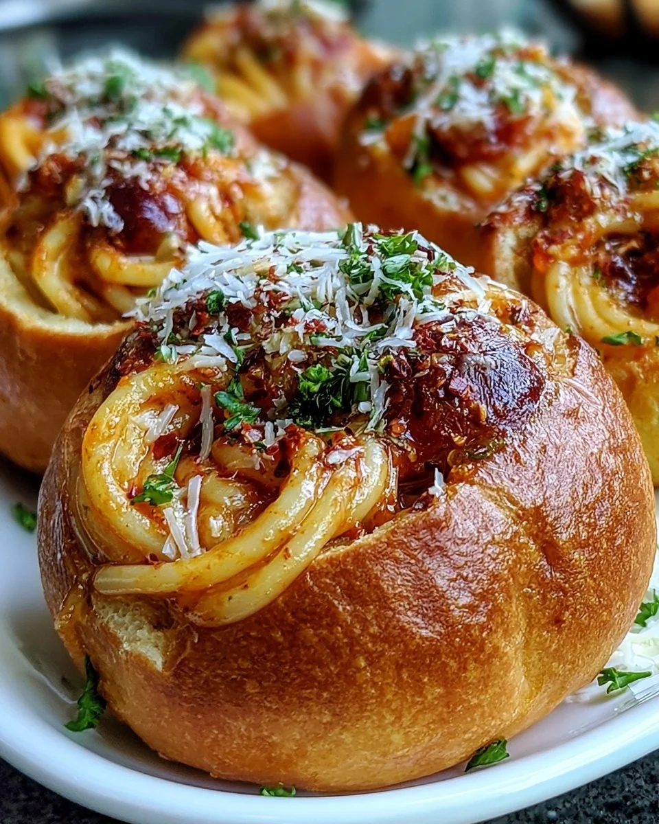 Easy Spaghetti Garlic Bread Bowls served in edible bread bowls