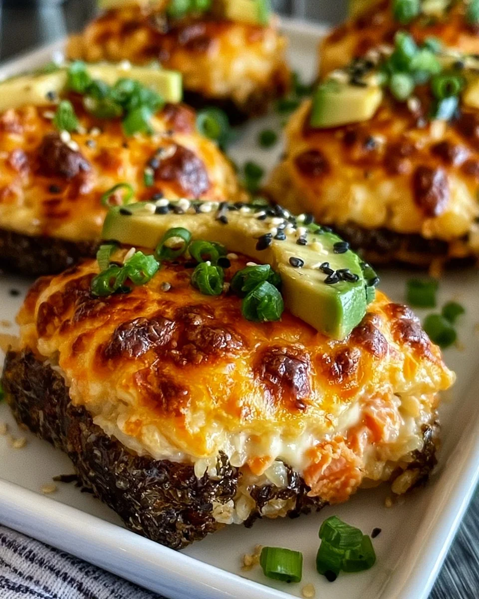 Easy spicy salmon sushi bake topped with creamy sauce and crispy toppings.
