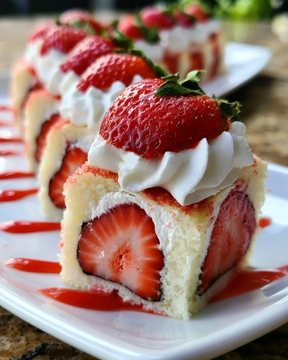Easy strawberry shortcake sushi with fresh strawberries and whipped cream