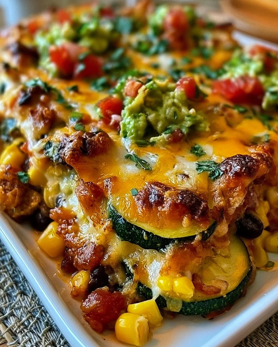 Delicious Tex-Mex Zucchini Bake with colorful toppings and a crispy crust.