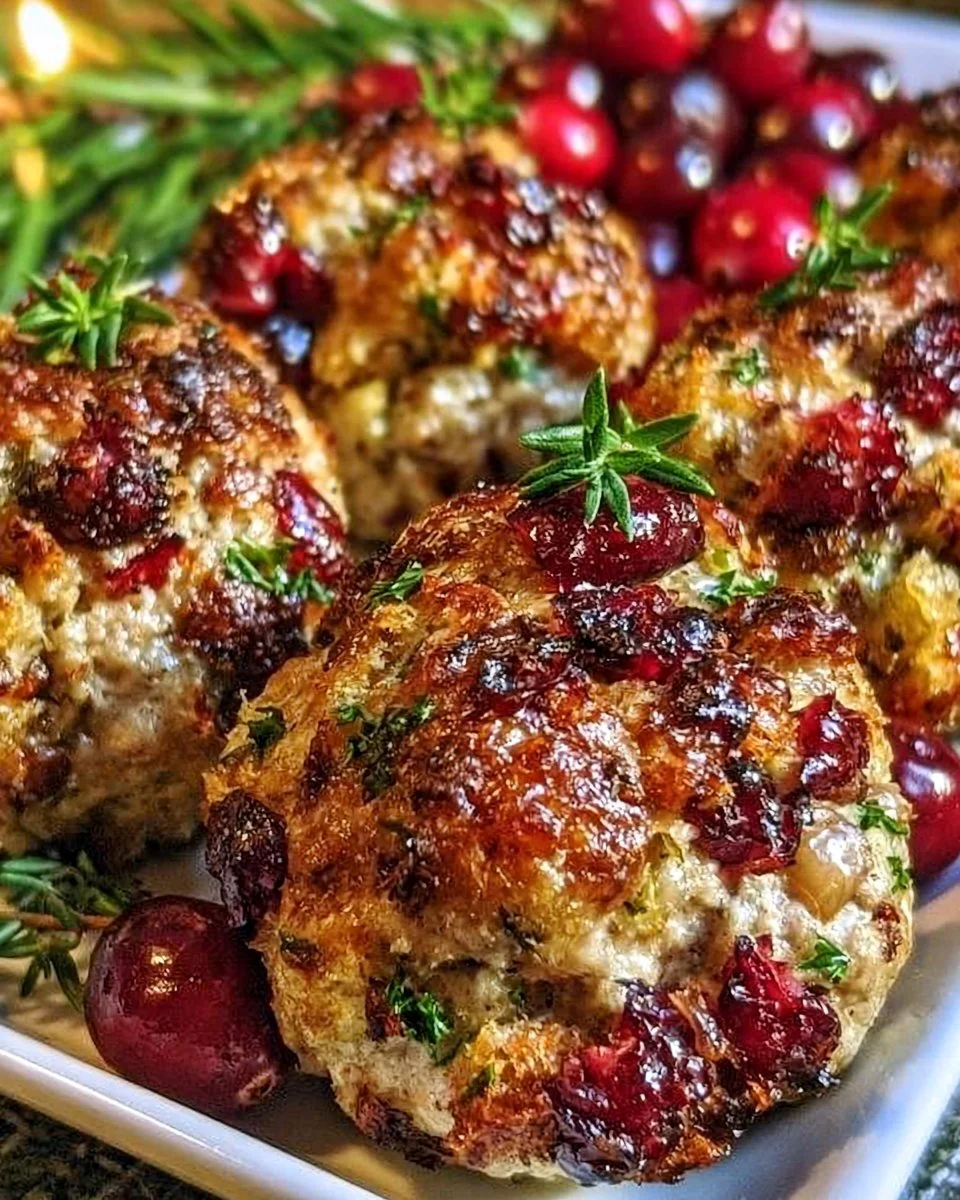 Festive cranberry turkey stuffing balls served on a festive platter