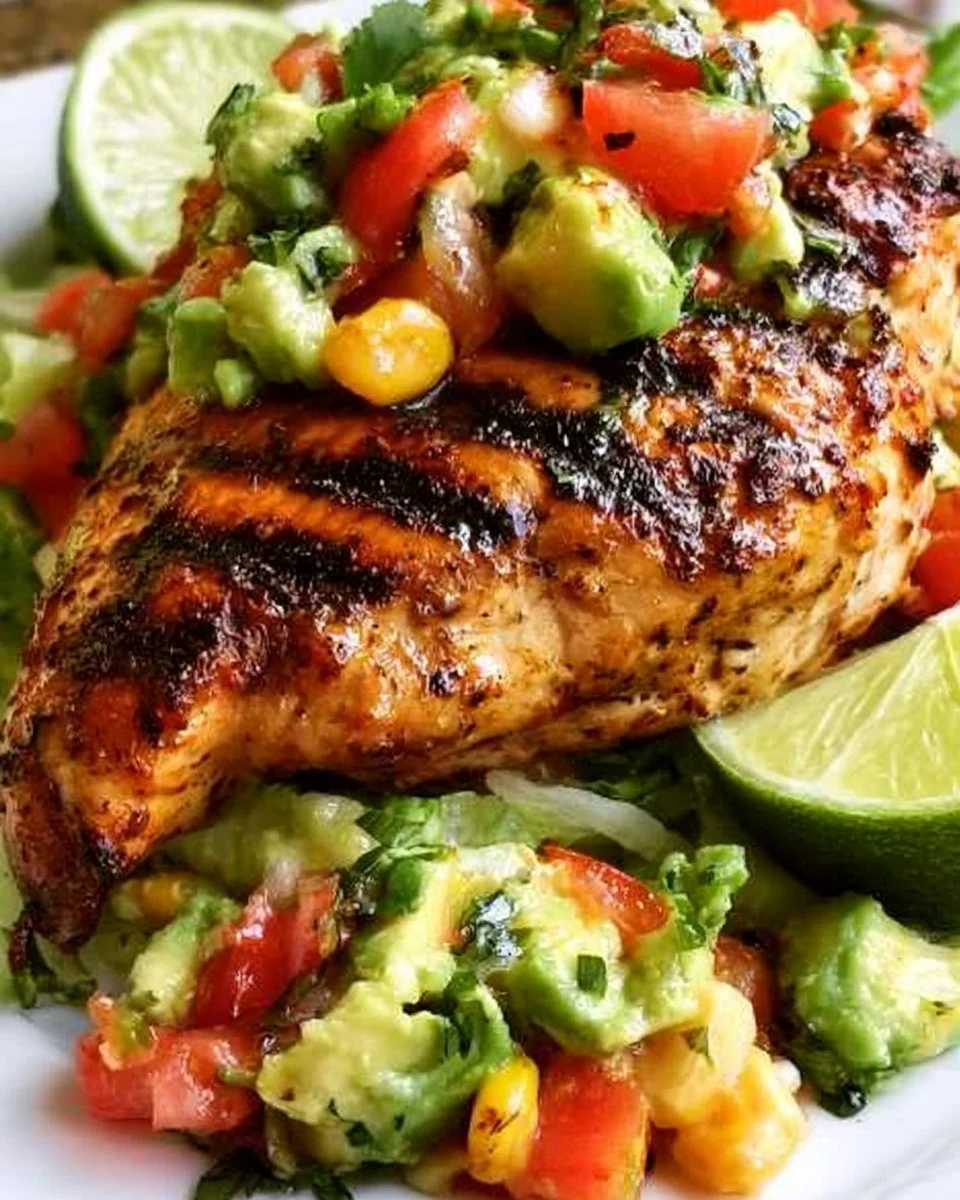 Delicious fiesta lime chicken topped with creamy avocado slices.