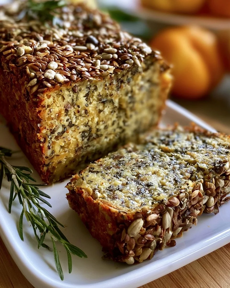 Homemade flourless seed bread on a cutting board with seeds.