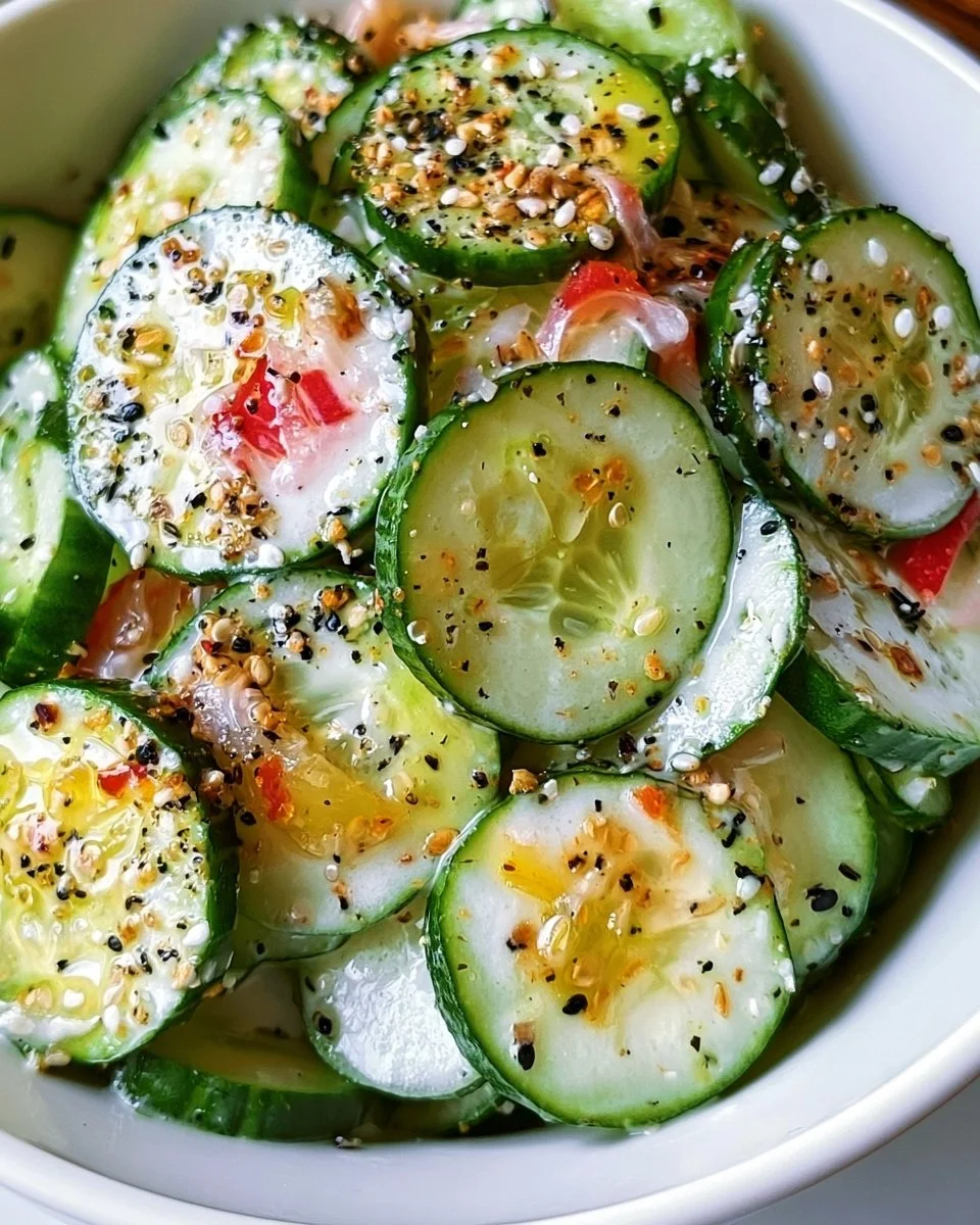Fresh cucumber salad topped with everything bagel seasoning in a bowl