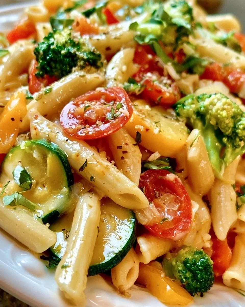 Deliciously colorful plate of fresh pasta primavera with seasonal vegetables.