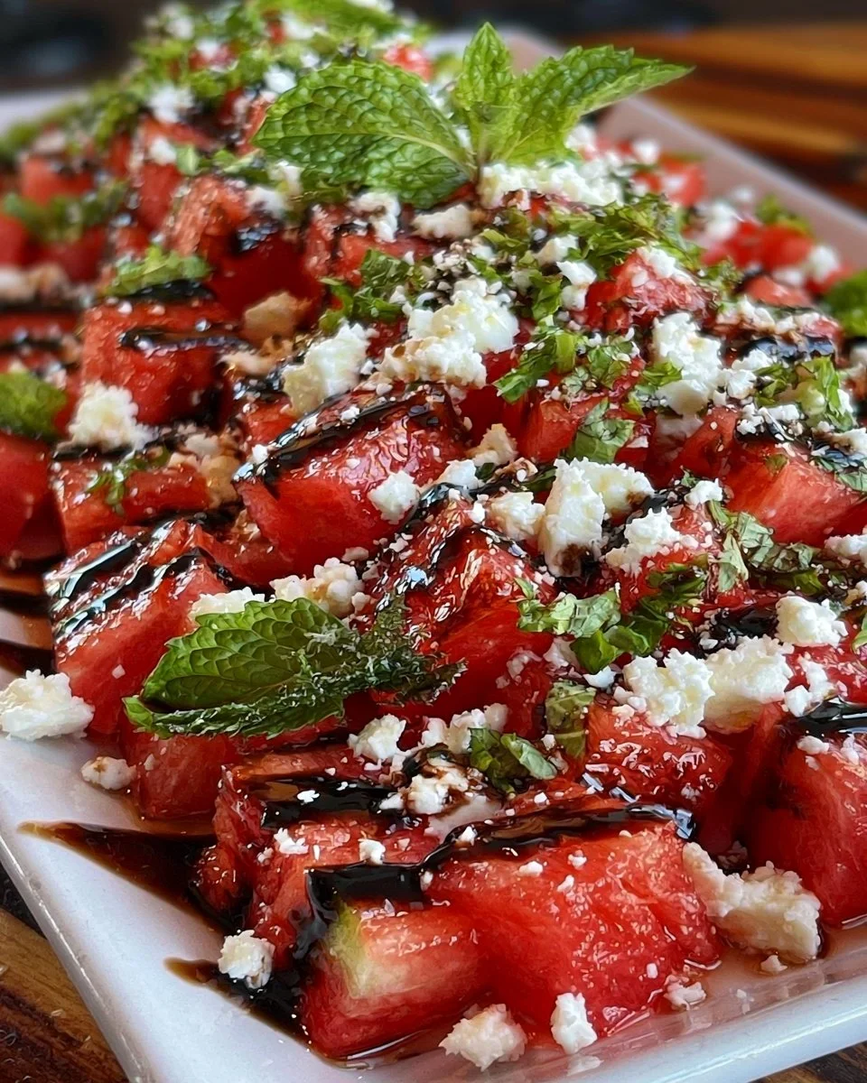 Watermelon feta mint salad with balsamic drizzle in a bowl