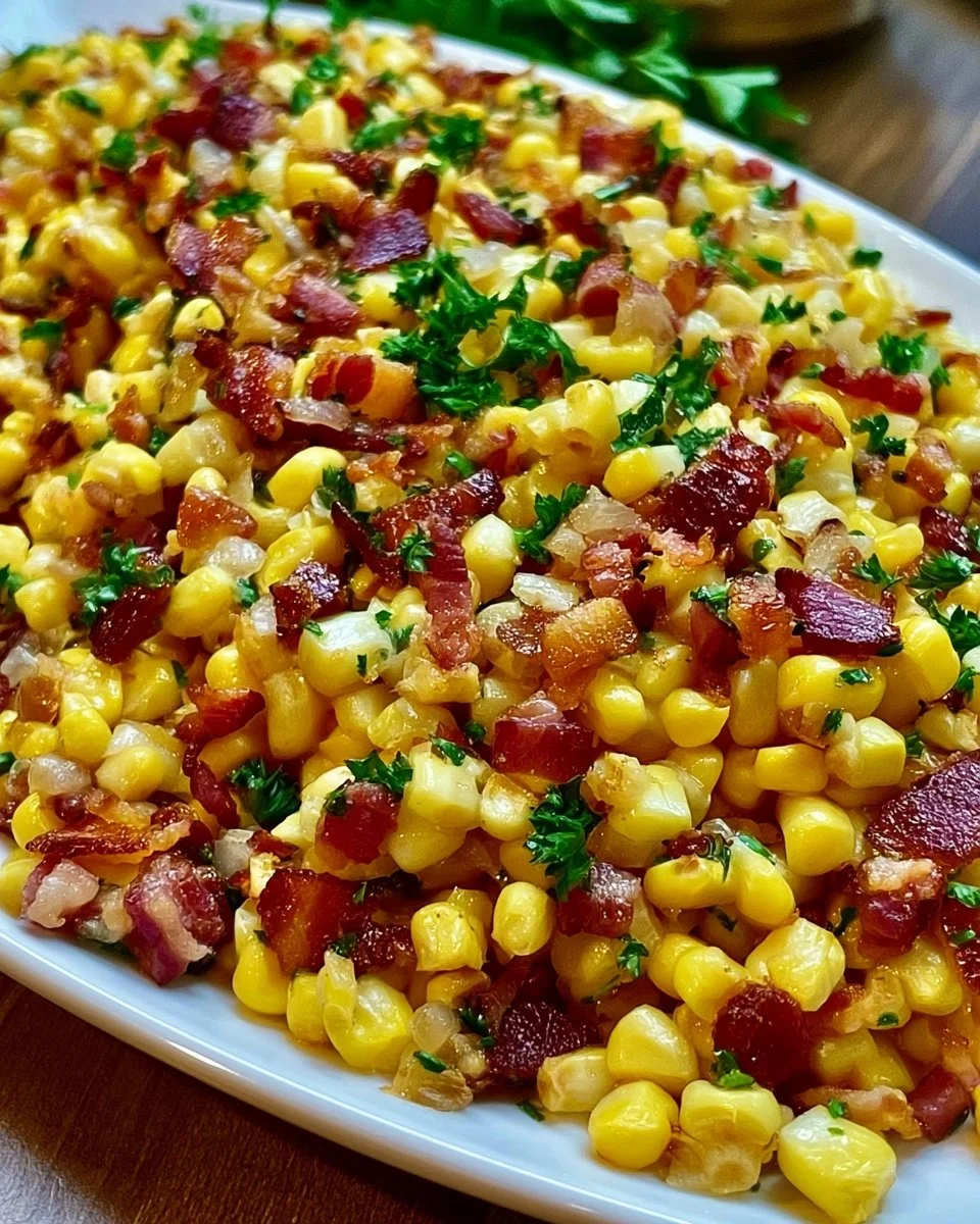 Pan of fried corn with bacon, showcasing a delicious golden-brown texture.