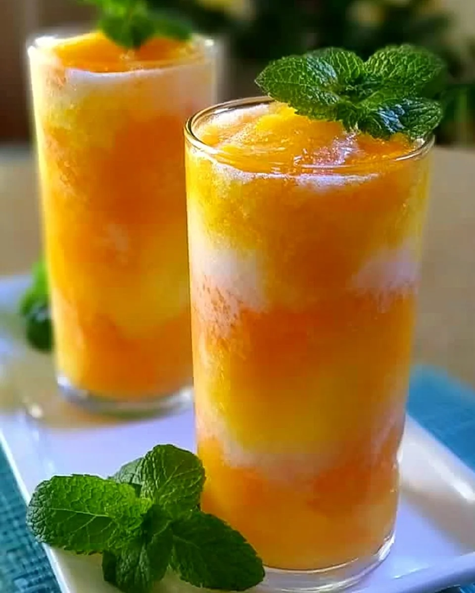 Chilled frozen peach lemonade in a glass surrounded by fresh peaches and lemons.