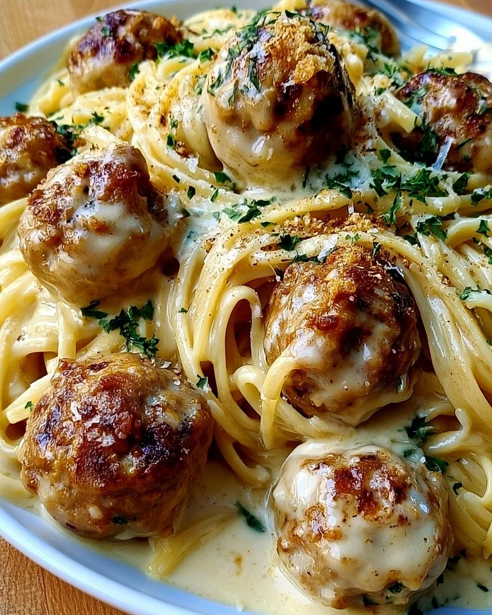 Garlic butter meatballs served with parmesan linguine in a delicious dish