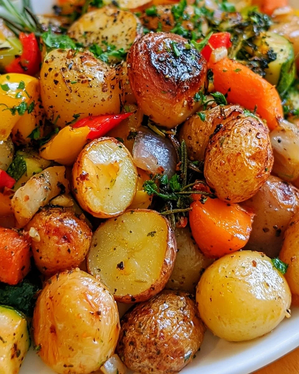 Delicious garlic herb roasted potatoes and veggies on a serving platter