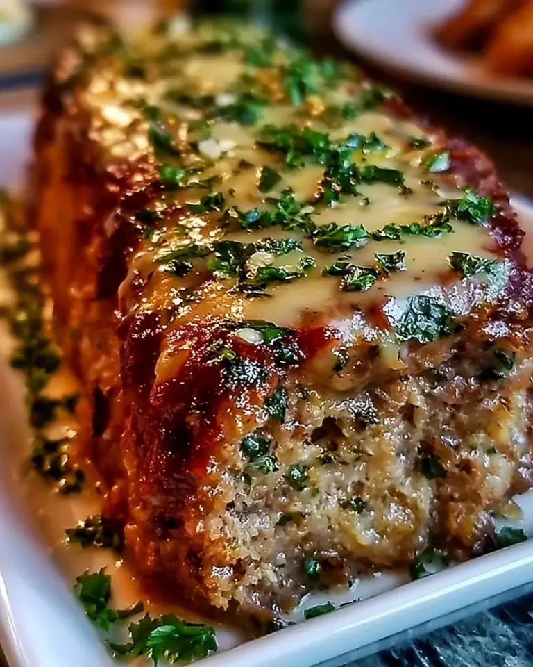 Delicious Garlic Parmesan Meatloaf served with herbs and cheese garnish