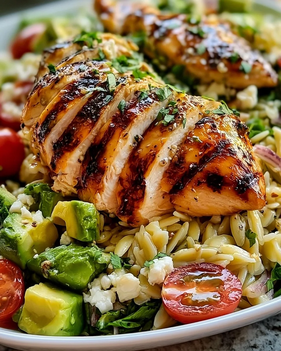 Colorful bowl of grilled chicken orzo salad with fresh veggies and herbs.