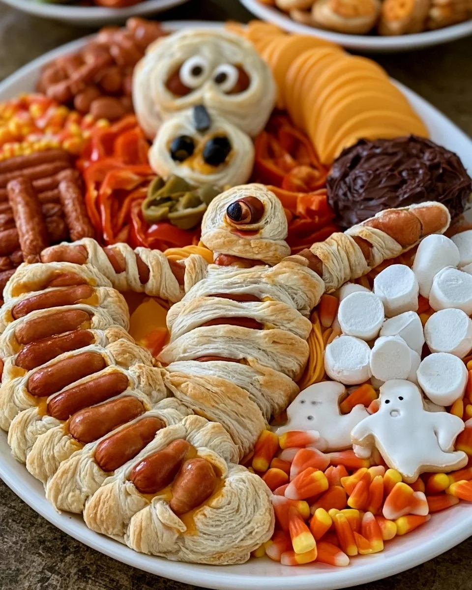 A variety of creative Halloween snacks for kids and adults at a spooky themed party.