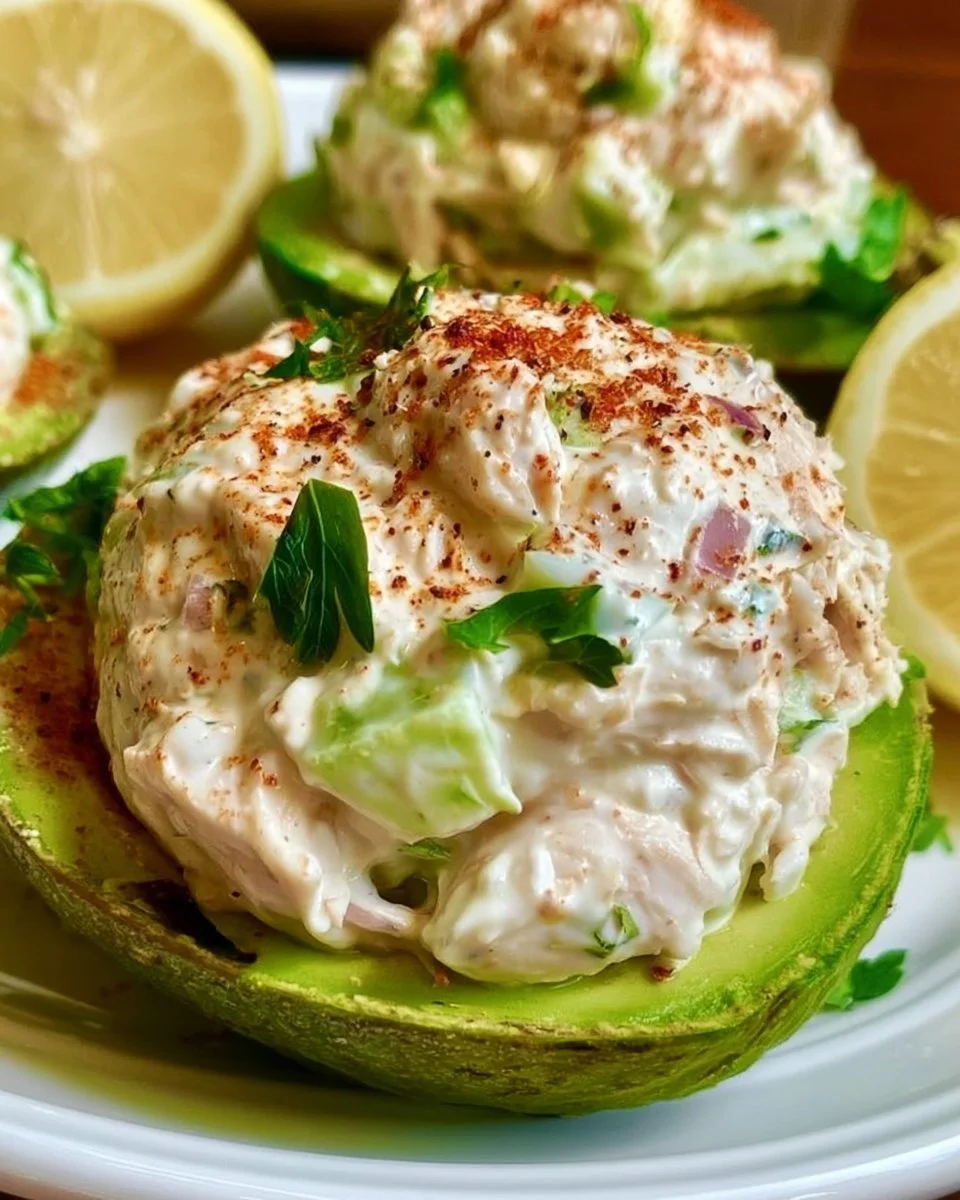 Healthy chicken salad stuffed in avocado halves, garnished with herbs.