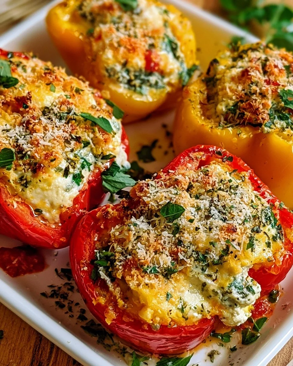 Herby ricotta stuffed peppers on a plate, garnished with fresh herbs.