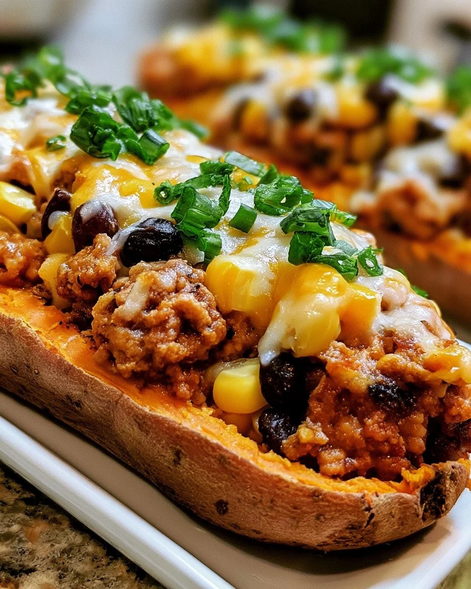 High-protein ground turkey stuffed sweet potatoes served on a plate