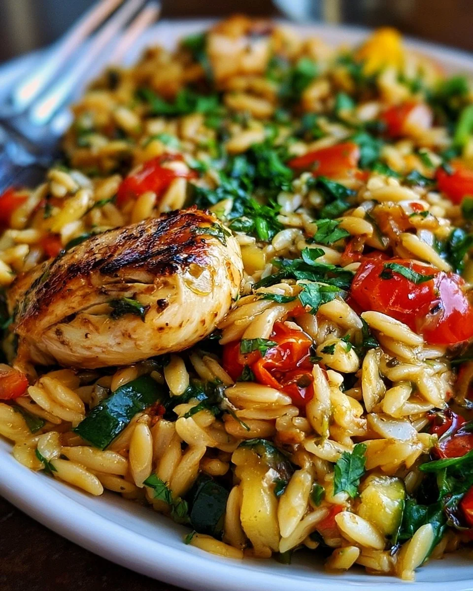 High Protein Mediterranean Chicken Orzo dish topped with fresh herbs and vegetables