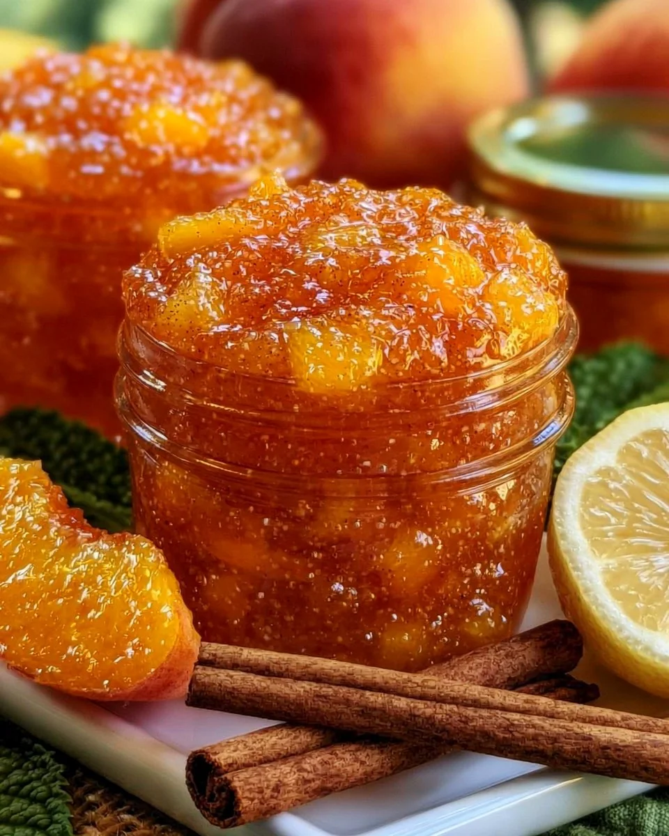 Homemade Southern-style peach jam with cinnamon and lemon served in a jar.