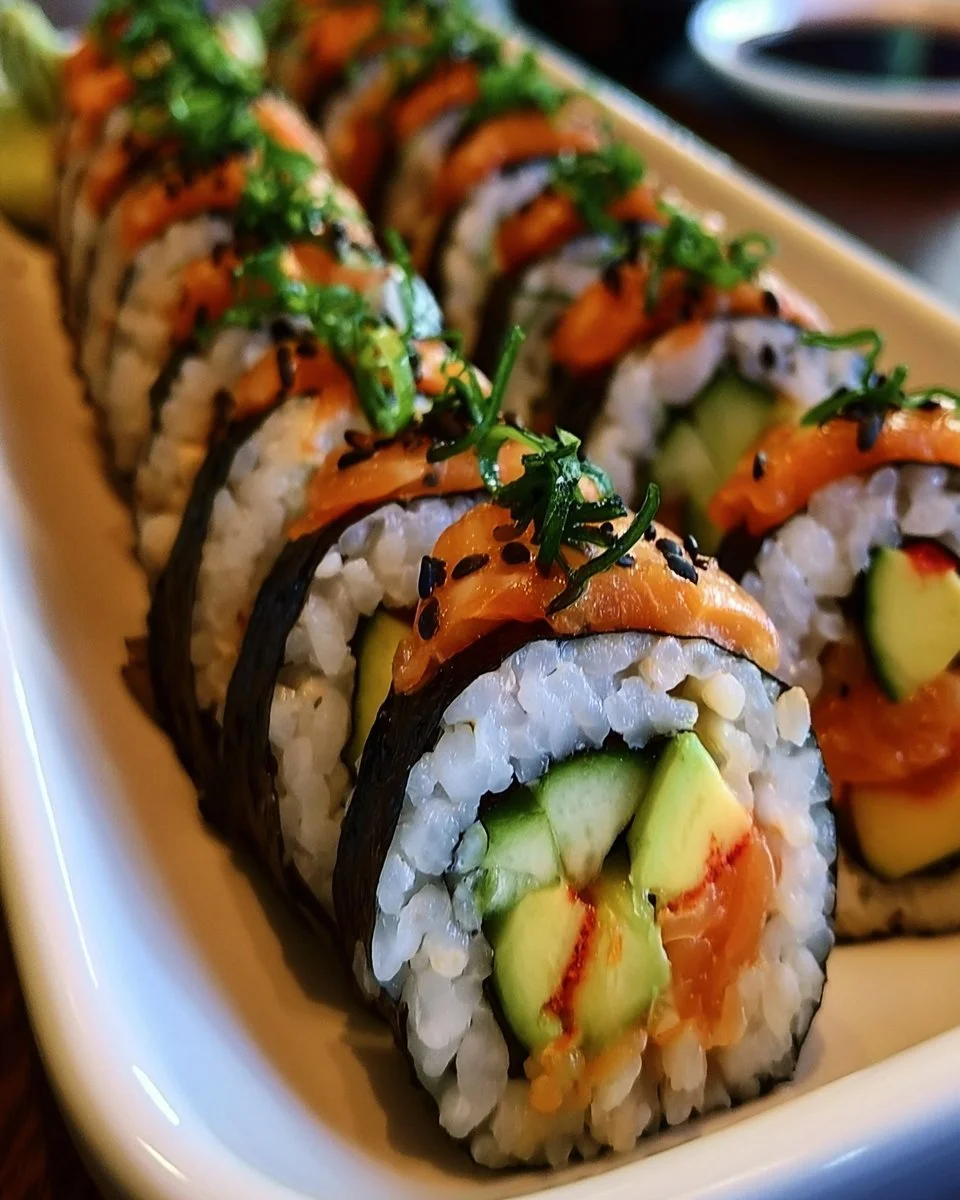 Homemade sushi rolls with fresh ingredients on a bamboo mat