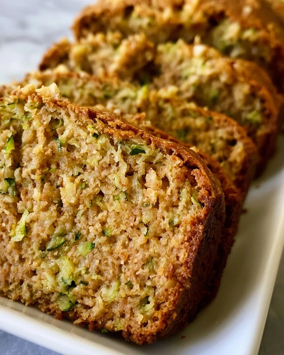 Slice of homemade zucchini bread with fresh zucchini on the side