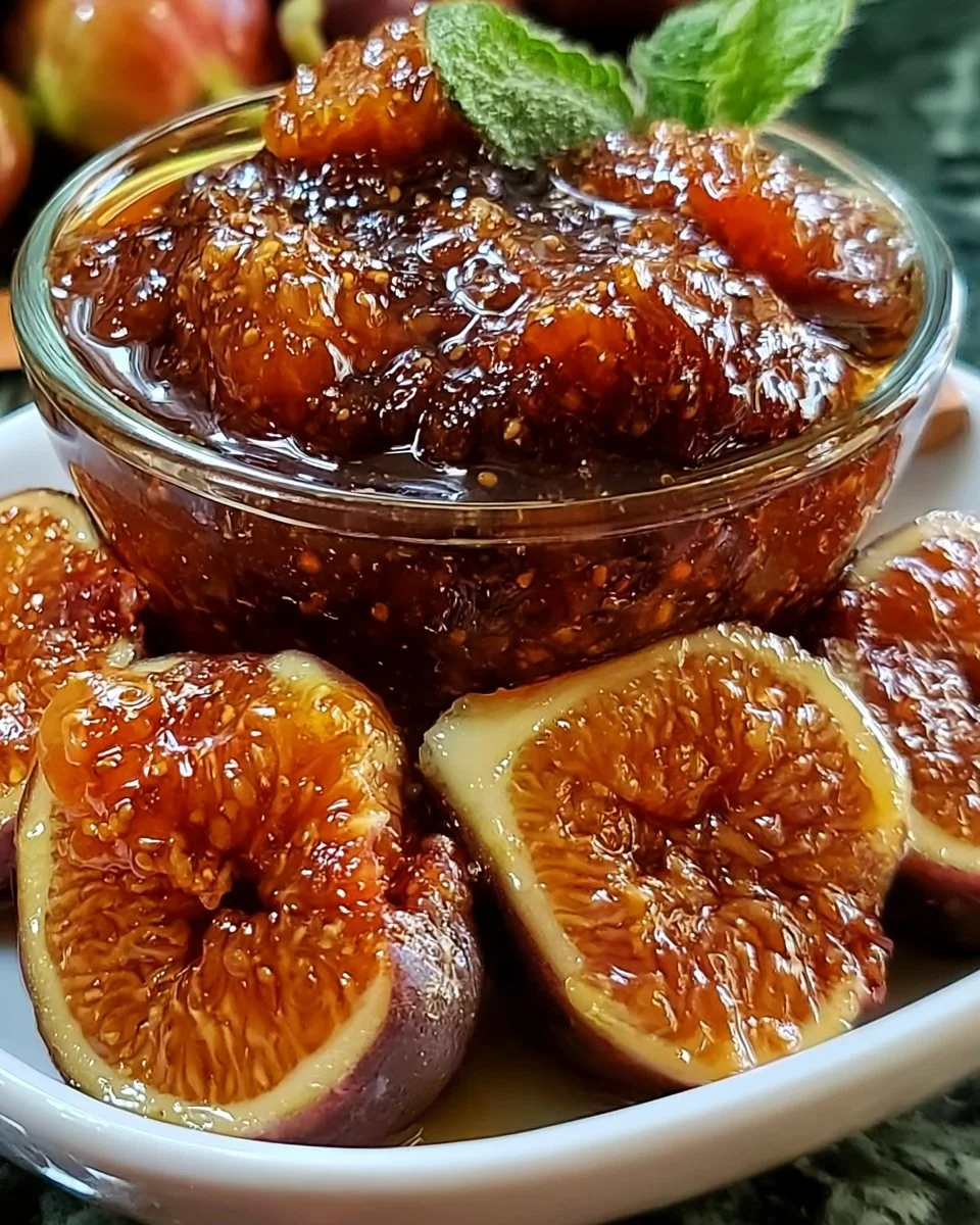 Jar of homemade Honey Fig Preserves with fresh figs and honey