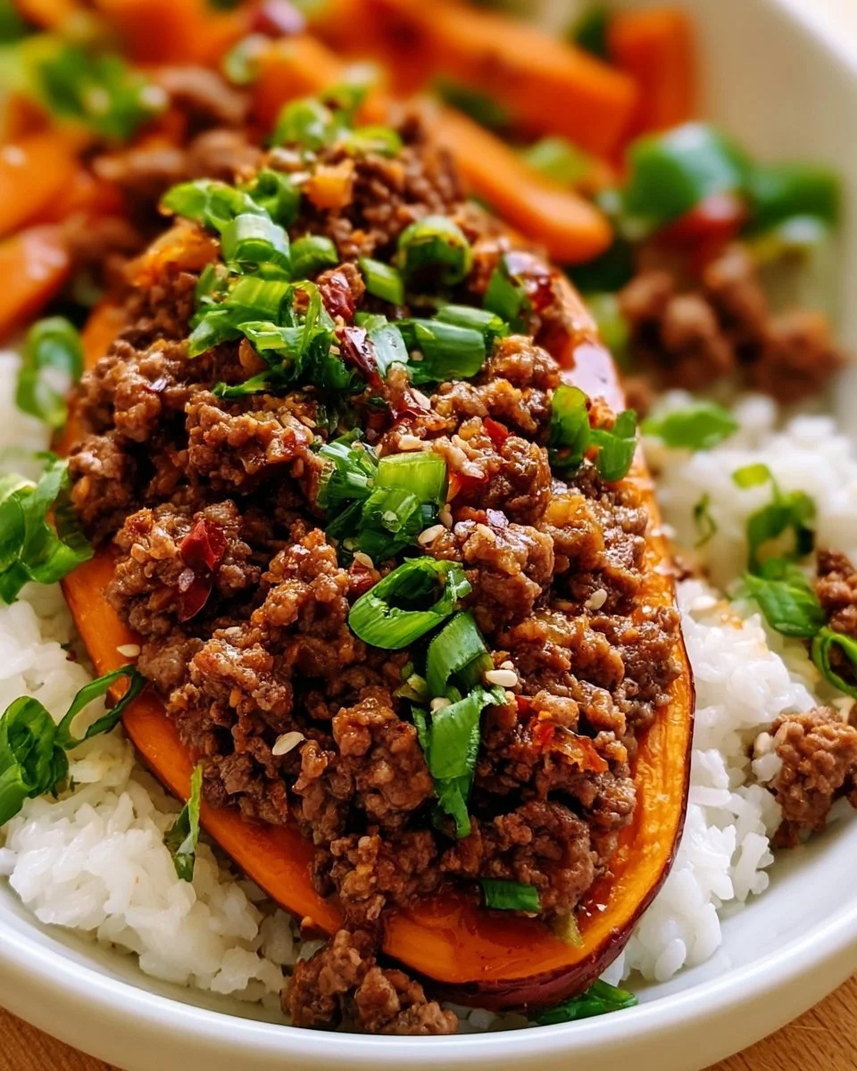 Hot honey ground beef bowls topped with fresh ingredients and garnishes