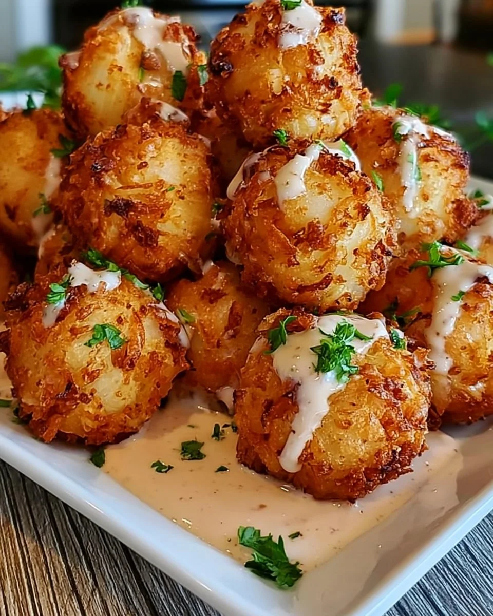 Crispy deep fried onion balls with Cajun ranch sauce on a plate