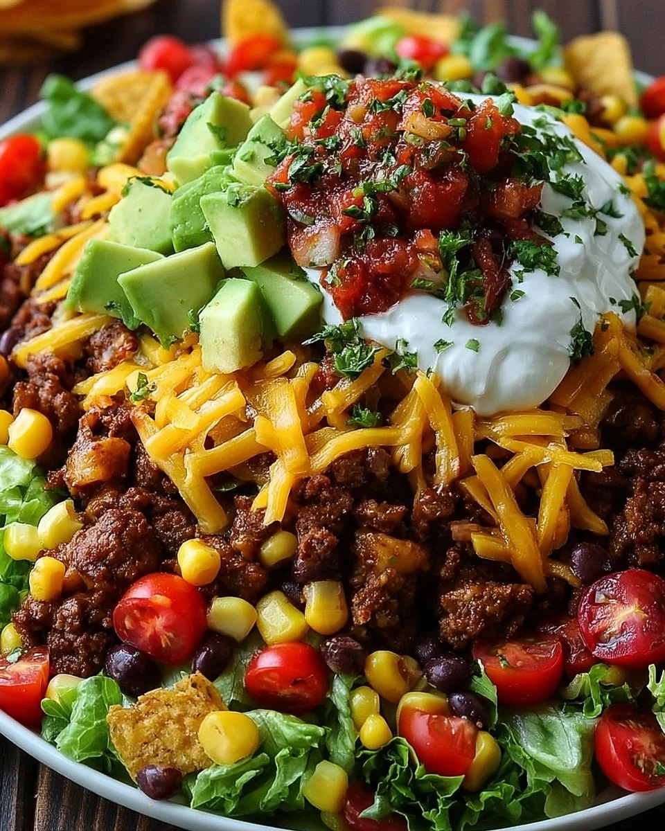 A vibrant loaded taco salad bowl filled with fresh ingredients and toppings.