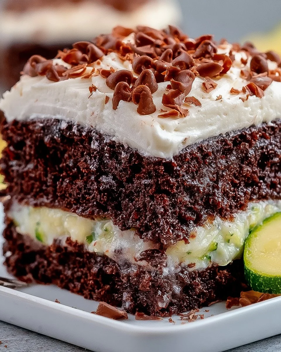 Moist double chocolate zucchini cake topped with creamy frosting