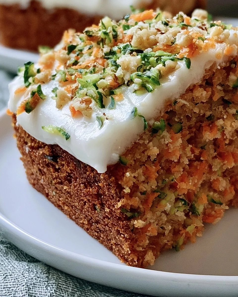 Moist zucchini carrot cake with cream cheese icing on a plate