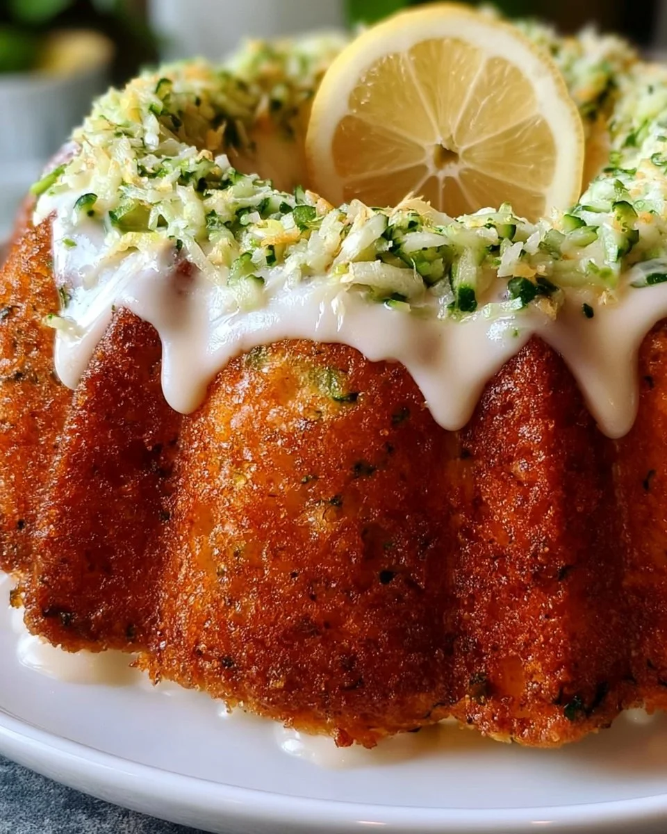 Moist lemon glazed zucchini bundt cake topped with cream cheese frosting