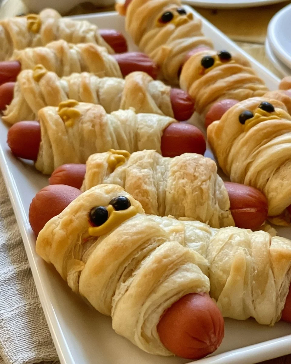 Plate of spooky Mummy Dogs wrapped in crescent dough for Halloween fun