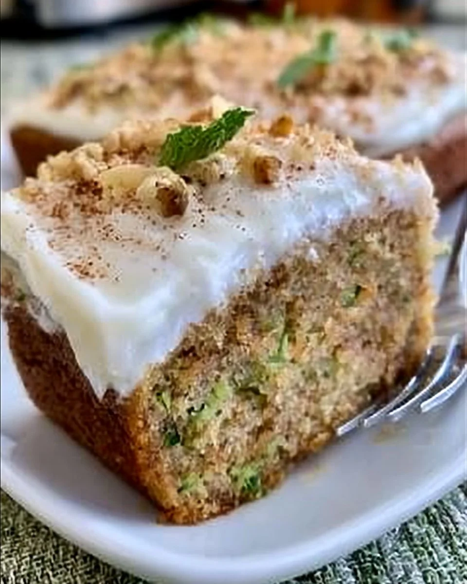 Old fashioned zucchini cake with cream cheese frosting on a rustic wooden table.