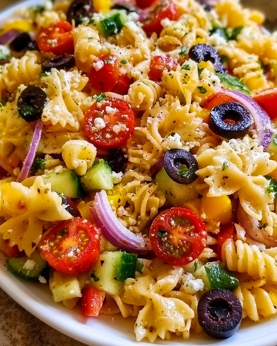 Olive Garden inspired pasta salad with fresh vegetables and dressing