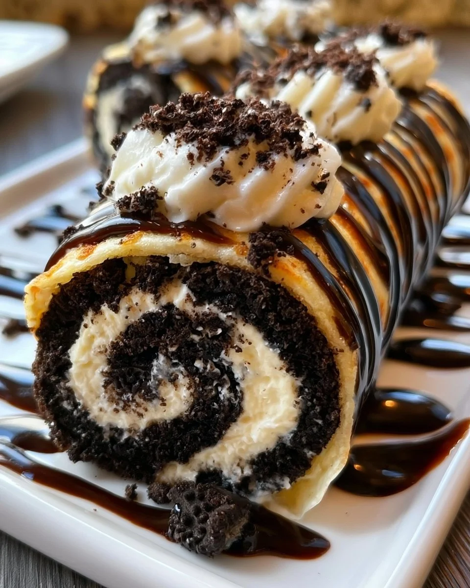 Oreo cheesecake sushi roll dessert with cream cheese and chocolate