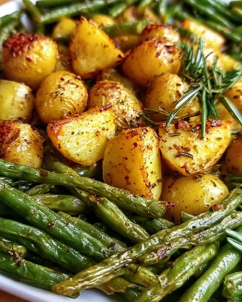 Oven-roasted potatoes with green beans on a serving plate