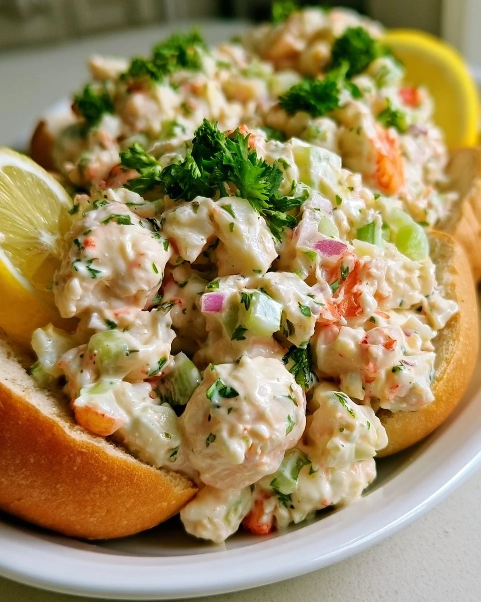 Paula Deen's fresh crab salad garnished with herbs and served in a bowl.
