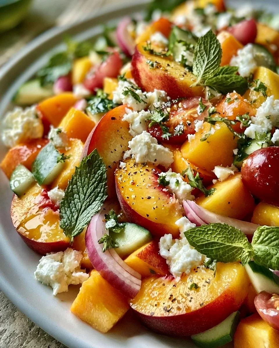 Fresh Peach Feta Salad with vibrant ingredients and colorful presentation