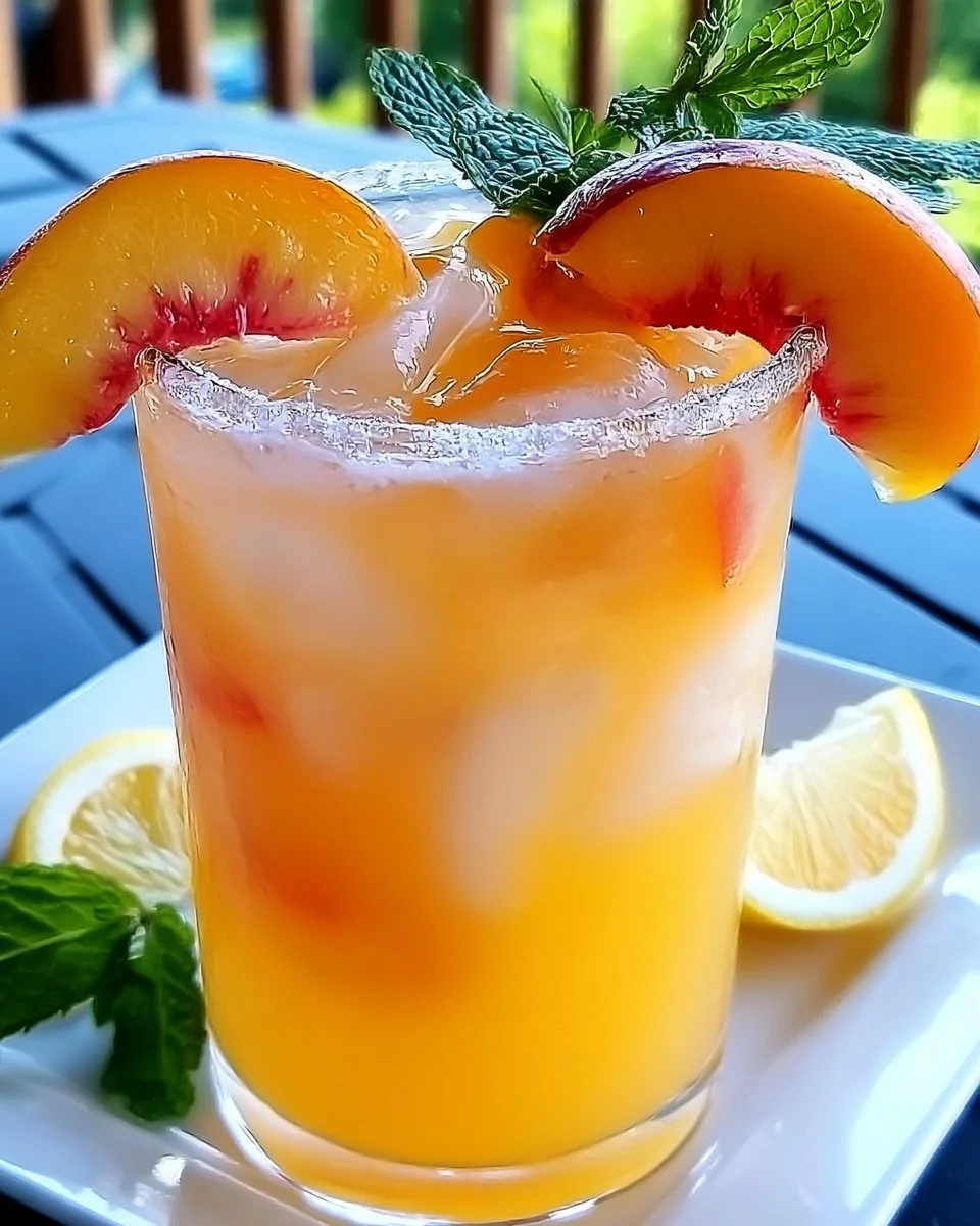 Refreshing Peach Lemonade served in a glass with fresh peach slices and a lemon wedge
