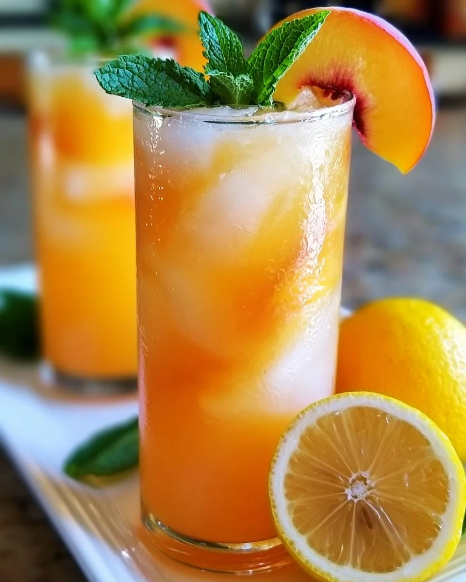 Chilled glass of refreshing peach lemonade with fresh fruit slices