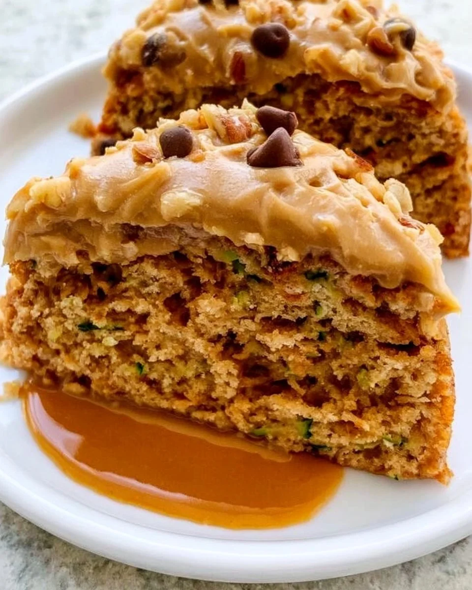 Delicious Peanut Butter Zucchini Cake topped with creamy frosting