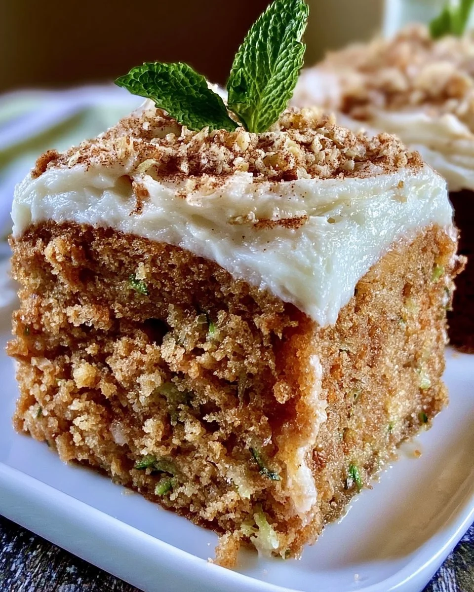 One-bowl zucchini cake with cinnamon brown butter frosting on a plate