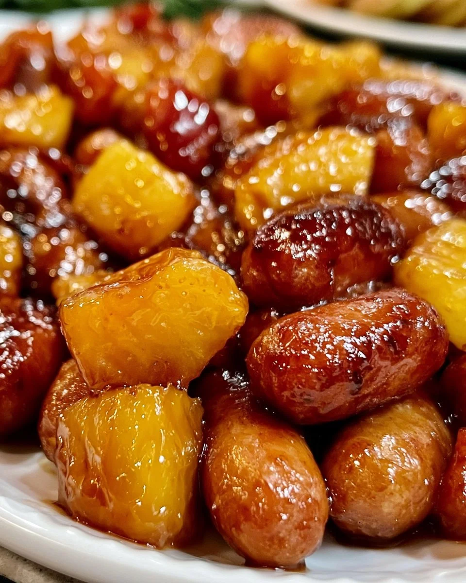 Pineapple Brown Sugar Mississippi Little Smokies Bites on a platter