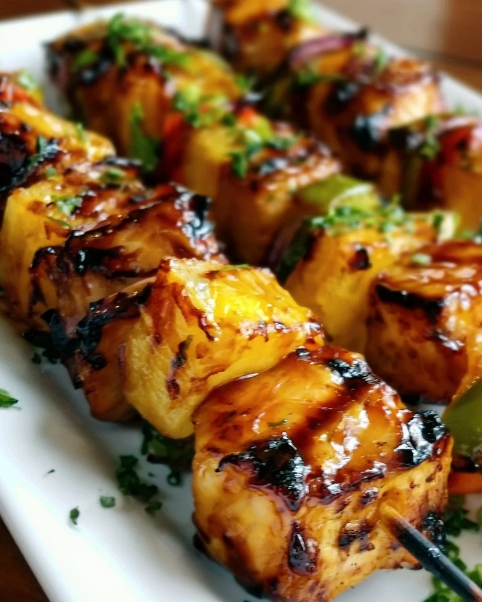 Grilled Pineapple Chicken Kabobs with colorful vegetables on skewers