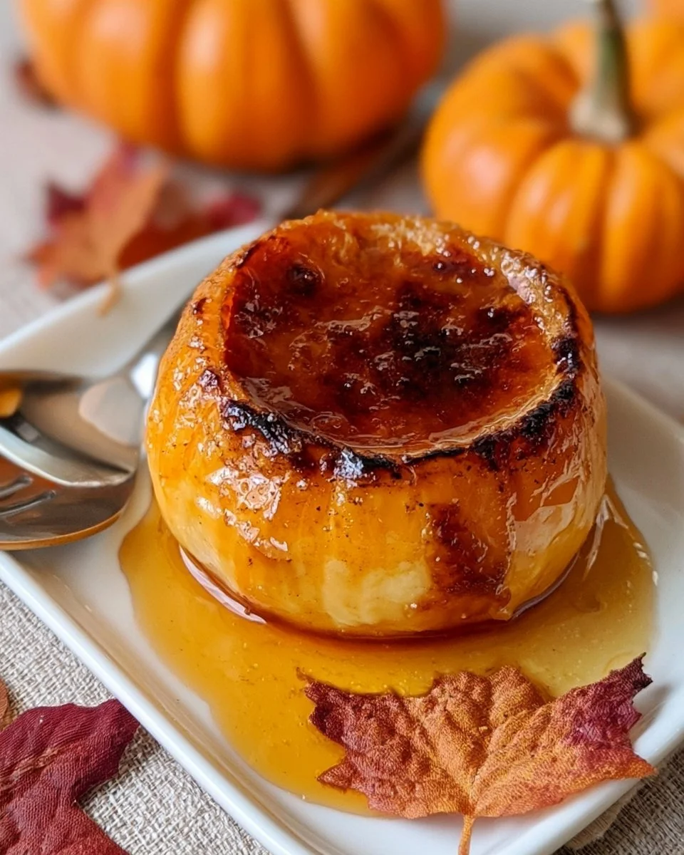Pumpkin Crème Brûlée served in a mini pumpkin for a festive dessert.