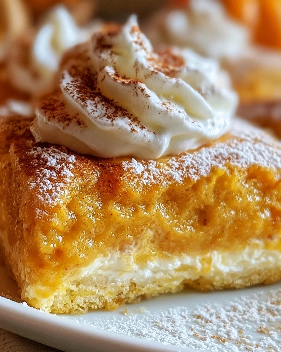 Slice of Pumpkin Gooey Butter Cake topped with cream and pumpkin spice