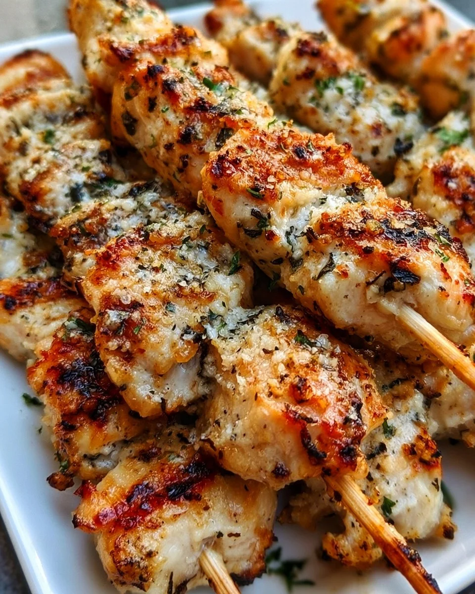 Ranch Garlic Parmesan Chicken Skewers on a grill plate garnished with herbs
